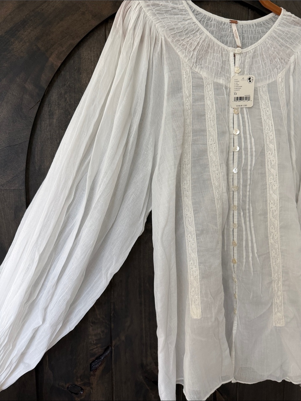 NWT Free People White Lace-Trim Button Down Peasant Blouse - Picture 5 of 13